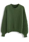 Bubble-Sleeve with Pom-Pom Detail Sweater in Green