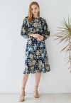 Floral to See Midi Dress with Gold Spot in Navy