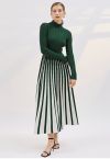 Stripe Print Turtleneck Knit Midi Dress in Dark Green