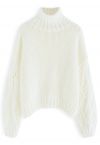 Pointelle Sleeve High Neck Hand-Knit Sweater in White