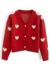 Soft Heart Cropped Knit Cardigan in Red