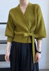 Self-Tie Bowknot Wrap Knit Top in Olive