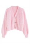 Bowknot Brooch Fuzzy Knit Cardigan in Pink