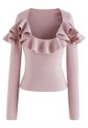 Sassy Wide Ruffled Neckline Knit Top in Dusty Pink