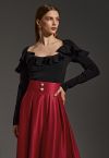 Sassy Wide Ruffled Neckline Knit Top in Black