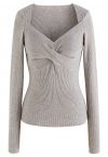 Sweetheart Twist Front Ribbed Knit Top in Linen