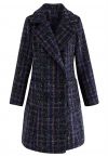 Retro Plaid Double-Breasted Wool-Blend Coat in Navy