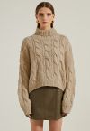 Turtleneck Braid Knit Crop Sweater in Brown