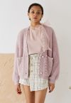 Pearls Trim Pocket Fuzzy Knit Cardigan in Dusty Pink