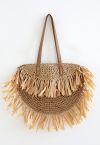 Fringed Woven Straw Shoulder Bag in Tan