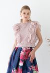 Tiered Ruffle Crochet Mock Neck Sleeveless Top in Pink