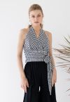 Embossed Gingham Tie-Waist Halter Crop Top in Black