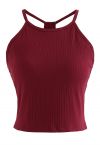 Halter Neck Racer Back Ribbed Top in Burgundy