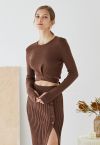 Self-Tie Bowknot Knit Crop Top in Brown