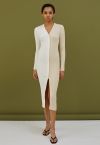 Button Down Two-Tone Spliced Bodycon Knit Dress in Cream