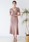 V-Neck Short Sleeve Ribbed Knit Dress in Dusty Pink