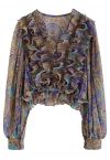 Fluttering Ruffle Semi-Sheer Crop Top in Blue Paisley