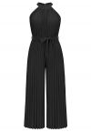 Halter Neck Self-Tie Pleated Jumpsuit in Black