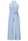 Halter Neck Self-Tie Pleated Jumpsuit in Blue