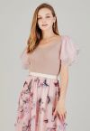 Spliced Tiered Flutter Sleeve Knit Crop Top in Pink