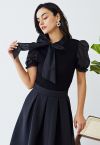 Short Sleeve Detachable Bowknot Spliced Knit Top in Black