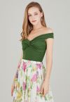 Twist Front Off-Shoulder Fitted Crop Top in Green