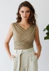 Faux-Wrap Ruched Sleeveless Top in Khaki