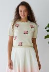 Pink Stitch Flower Short Sleeve Knit Top in Cream