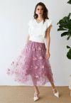 3D Mesh Flower Embroidered Tulle Midi Skirt in Lilac