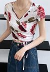 Watercolor Rose Print Wrap Crop Top in White