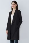 Lapel Open Front Quilted Cotton-Blend Coat in Black