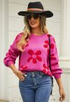 Cuteness Flowers Boxy Round Neck Knit Sweater in Hot Pink