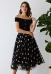 Shimmering Hearts Mesh Tulle Midi Skirt in Black