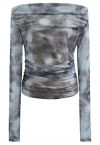 Tie Dye Off-Shoulder Soft Mesh Ruched Top in Grey