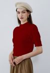 Mock Neck Short Sleeve Knit Sweater in Red