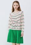 Contrast Wavy Line Openwork Knit Sweater