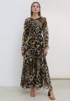 Alluring Animal Print Long-Sleeve Chiffon Maxi Dress