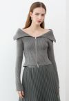 Flap Collar Zip Up Cropped Knit Top in Grey