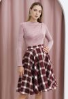 Burgundy Tartan Wool-Blend A-Line Midi Skirt