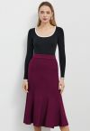 Frilling Hem Knit Midi Skirt in Violet