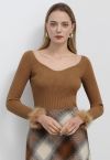 Wavy Neckline Feather Trim Cuffs Knit Top in Tan