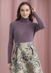 Turtleneck Ribbed Fitted Knit Top in Purple