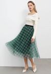 Dark Green Plaid Tulle Midi Skirt