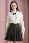 Golden Button Wool-Blend Pleated Mini Skirt in Green Plaid