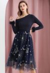 Mysterious Night Moon and Star Embroidered Mesh Tulle Skirt in Navy