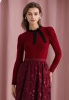 Gigot Sleeve Ribbon Adorned Knit Top in Red