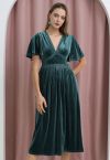 V-Neck Flutter Sleeve Velvet Dress in Teal