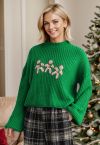 Gingerbread Man Patch Ribbed Sweater in Green