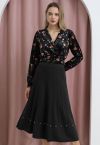 Silver Bead Embellished Seam Knit Midi Skirt in Black