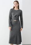 Cross Waist Wool-Blend Top and Skirt Set in Smoke